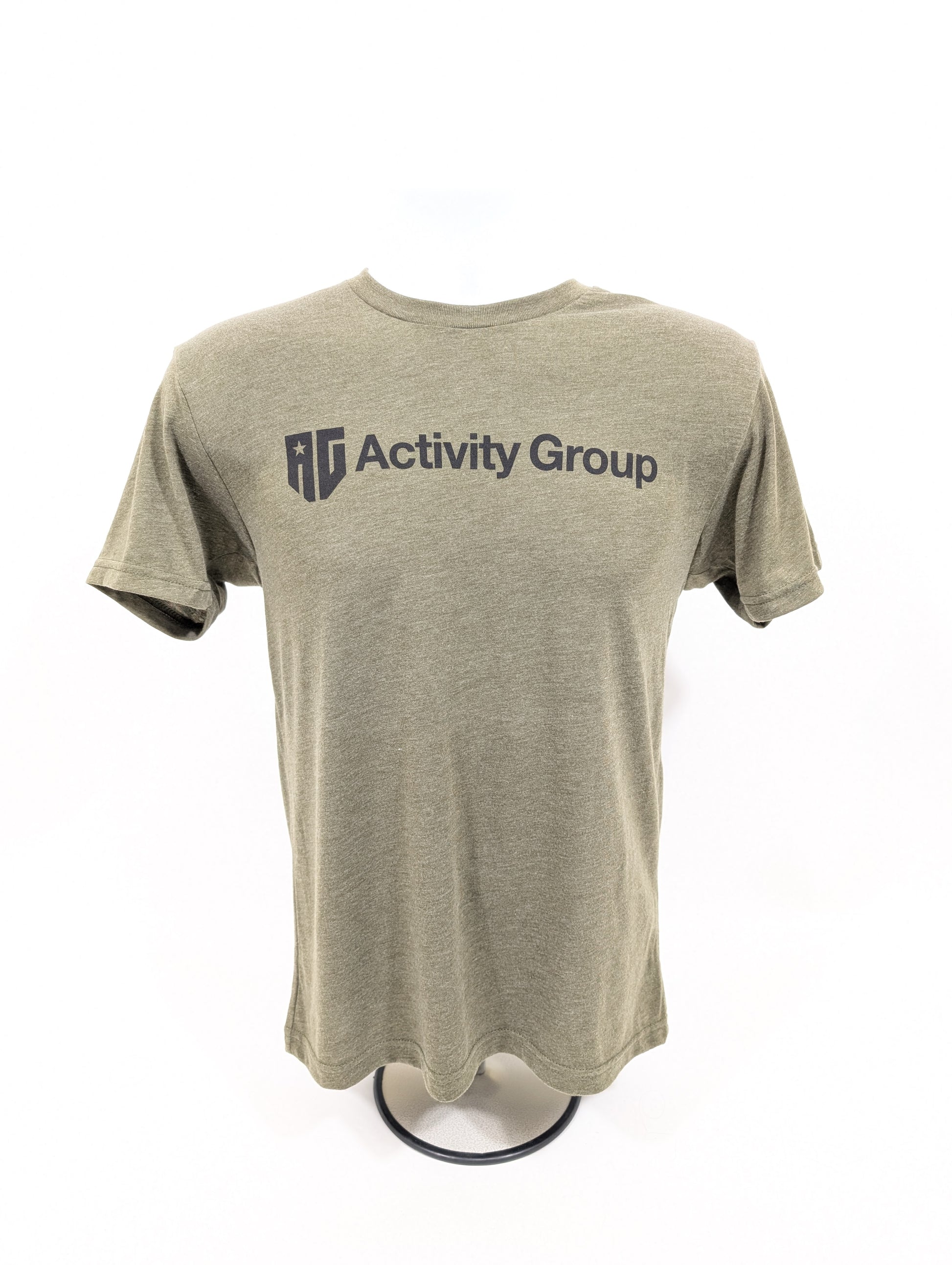 Olive green t-shirt with 'Activity Group' logo on a white background