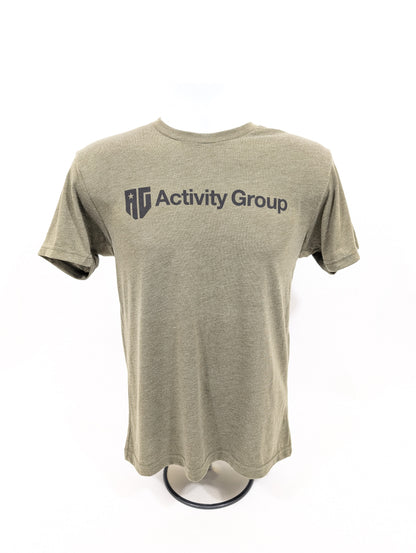 Olive green t-shirt with 'Activity Group' logo on a white background